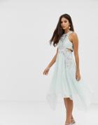 Asos Design Cut Out Waist Embellished Panels Hankey Hem Midi Dress-green