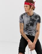 Asos Design T-shirt With Roll Sleeve In Gray Tie Dye Wash - Gray
