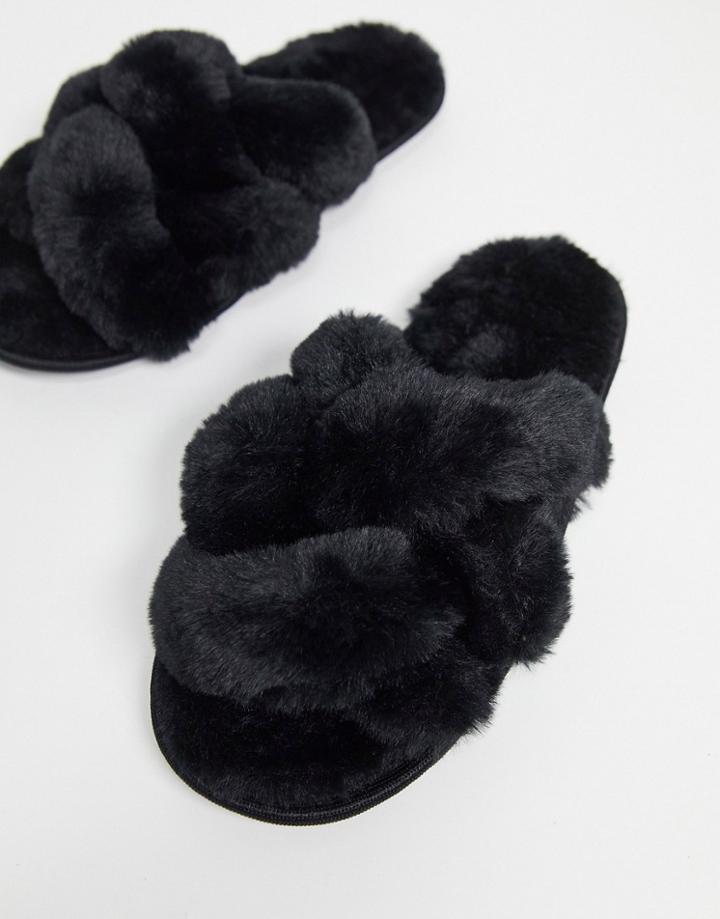 Loungeable Lattice Detail Faux Fur Slippers In Black