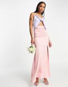 Liquorish Bridesmaid Satin Twist Front Maxi Dress With Slit In Color Block Blue And Pink-multi