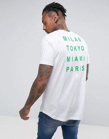 Asos Longline T-shirt With Cities Back Print And Curved Hem In White - White