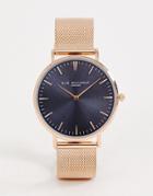 Elie Beaumont Rose Gold Mesh Watch With Blue Dial - Silver