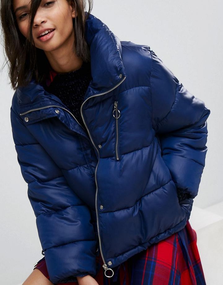 Stradivarius Puffer Jacket With Zip Detail - Blue