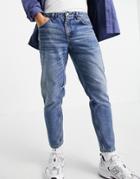 Asos Design Classic Rigid Jeans In Less Thirsty Dark Wash Blue With Destroyed Hem-blues