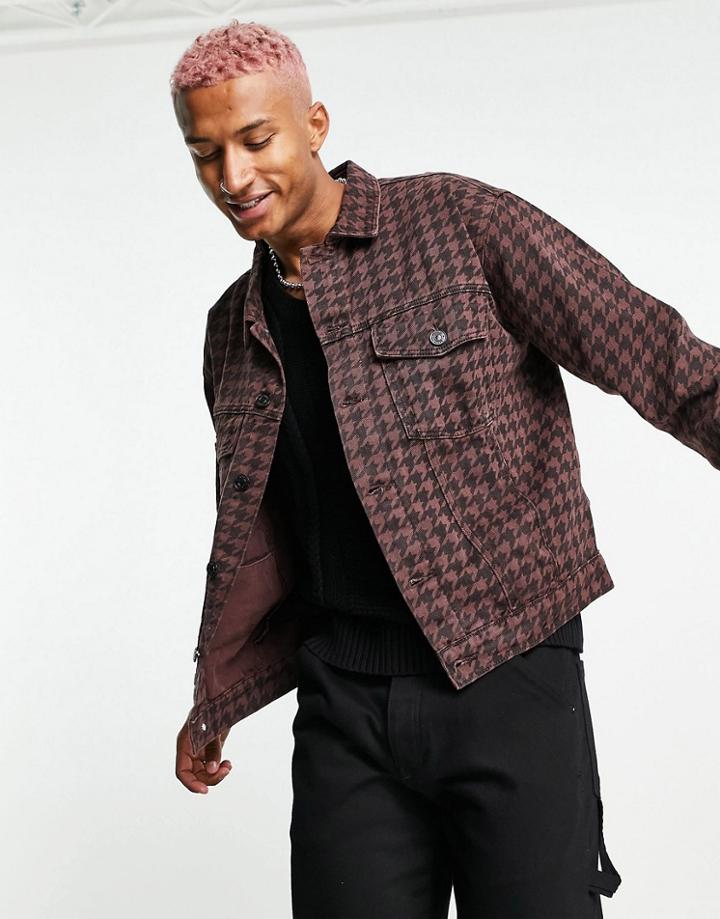 Mennace Trucker Jacket In Brown And Black Houndstooth