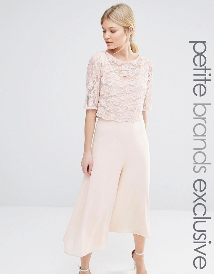 John Zack Petite Culottes Jumpsuit With Lace Bodice And Sleeves - Nude