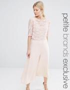 John Zack Petite Culottes Jumpsuit With Lace Bodice And Sleeves - Nude
