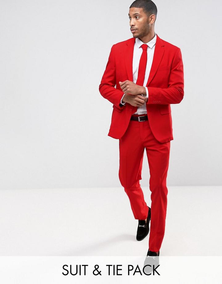 Opposuits Prom Slim Suit + Tie In Red - Red