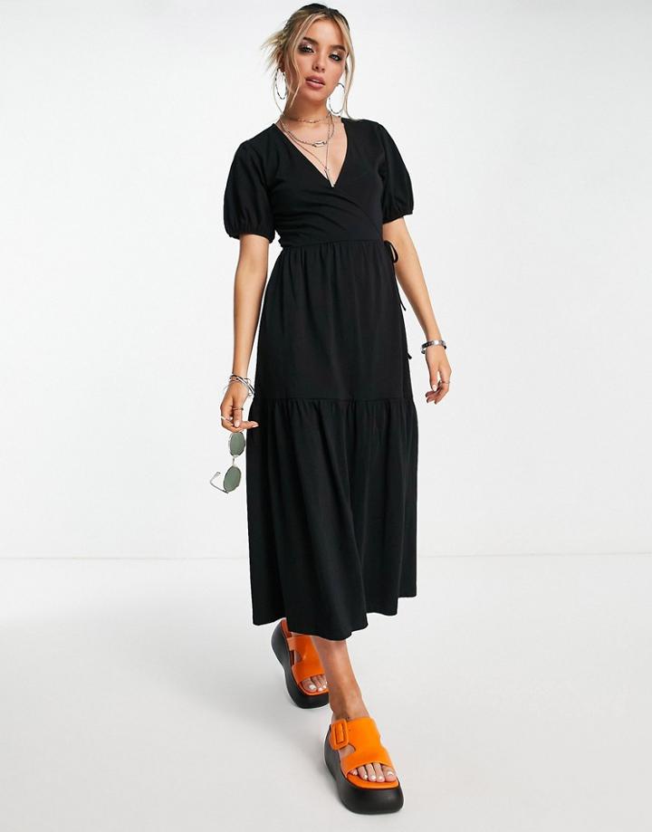 Asos Design Tiered Midi Wrap Dress With Puff Sleeve In Black