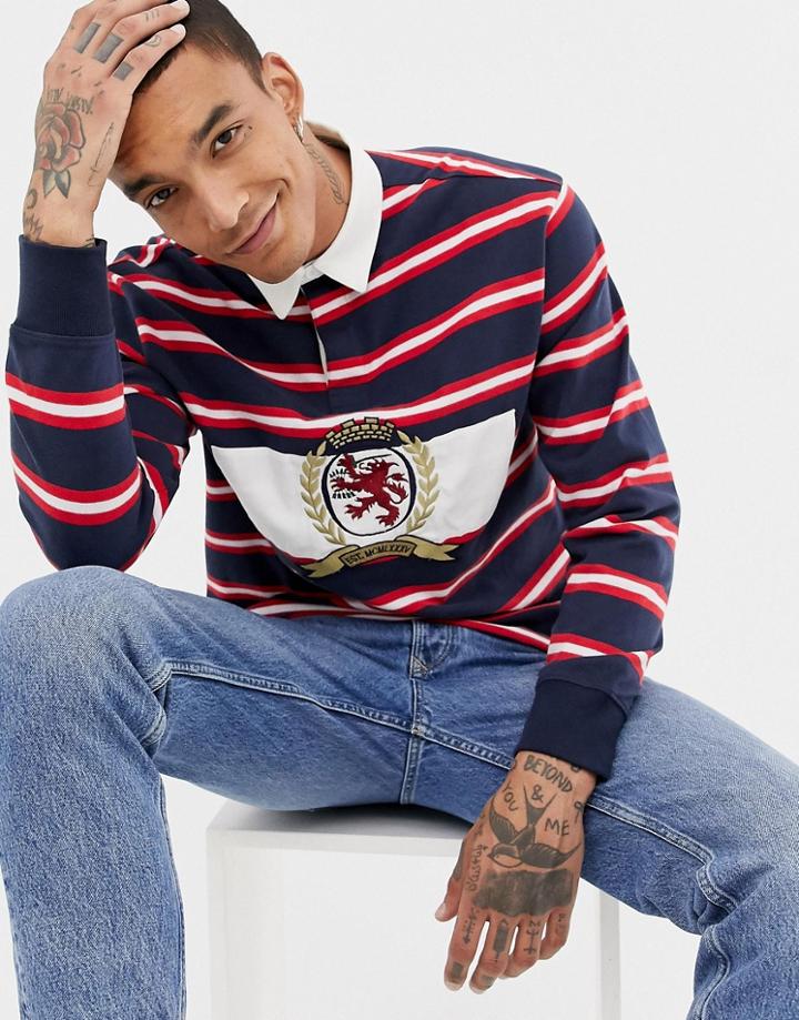 Tommy Jeans 6.0 Limited Capsule Rugby Polo With Large Crest Logo In Navy/red/white Stripe - Navy