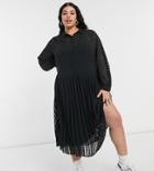 Asos Design Curve Pleated Button Through Midi Shirt Dress In Self Stripe In Black