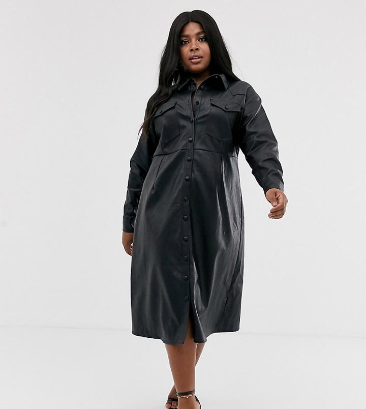 Neon Rose Plus Midi Shirt Dress In Faux Leather