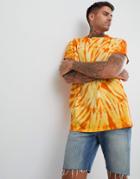 Asos Design Oversized Longline T-shirt With Roll Sleeve And Bright Spiral Tie Dye - Yellow