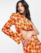 Topshop Satin One Shoulder Poppy Print Crop Top In Red - Part Of A Set