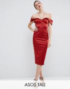 Asos Tall Folded Bardot Pencil Dress With Halter Strap Detail - Red