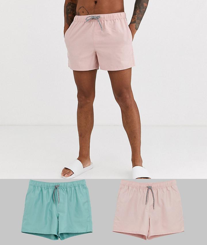 Asos Design 2 Pack Swim Short In Pink And Teal Short Length Save-multi
