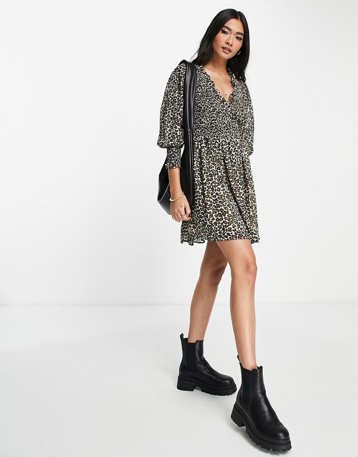 Asos Design Mini Smock Dress With Shirred Cuffs In Animal Print-multi
