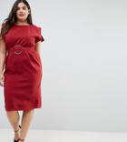 Asos Curve Split Cap Sleeve Midi Dress With Modern Ring Belt - Red