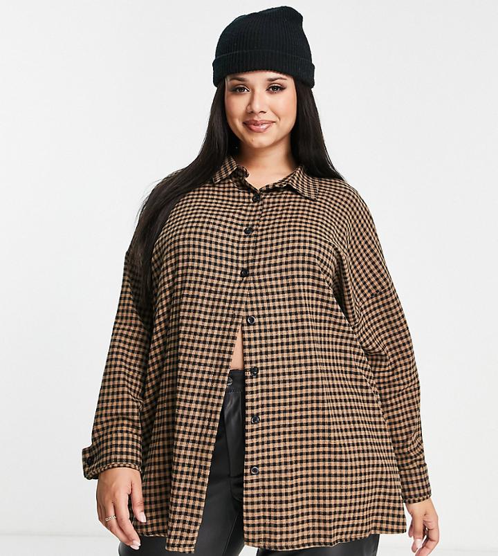 Heartbreak Plus Oversized Shirt In Brown Check-multi