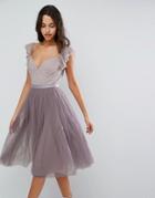 Needle & Thread Swan Tulle Midi Dress With Frill Sleeve - Purple
