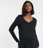 Asos Design Maternity Nursing V Neck Long Sleeve Top In Black