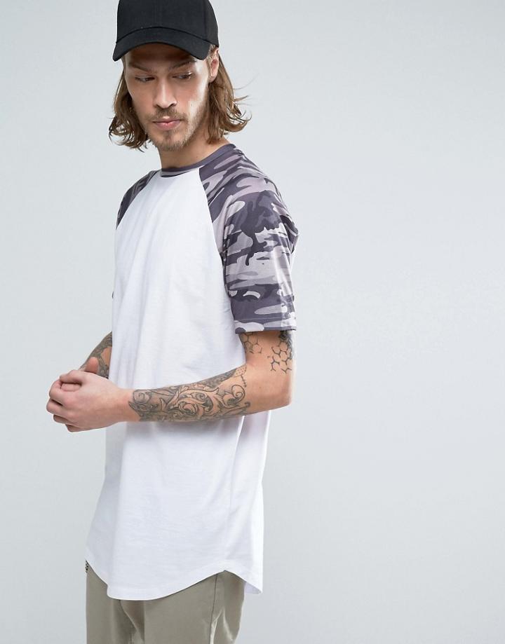 Asos Super Longline T-shirt With Camo Contrast Raglan And Curved Hem - White