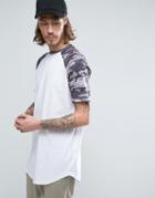 Asos Super Longline T-shirt With Camo Contrast Raglan And Curved Hem - White