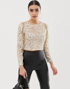 Asos Design Long Sleeve Top With Sequin Embellishment - Gold