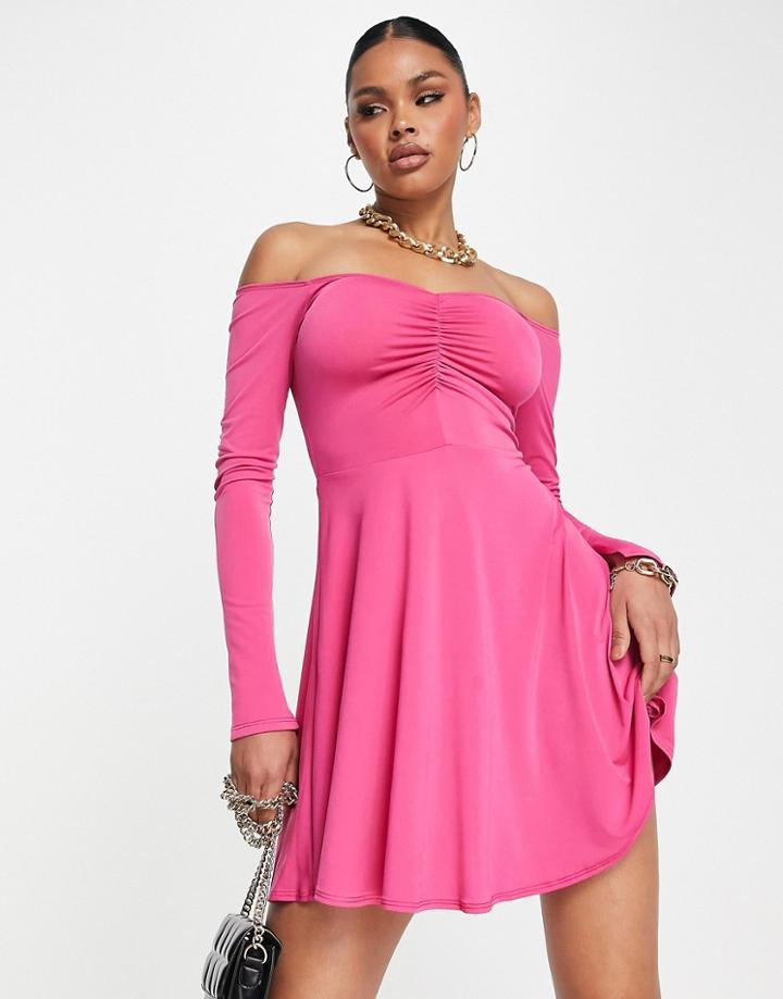 Flounce London Bardot Ruched Skater Dress In Bubblegum Pink