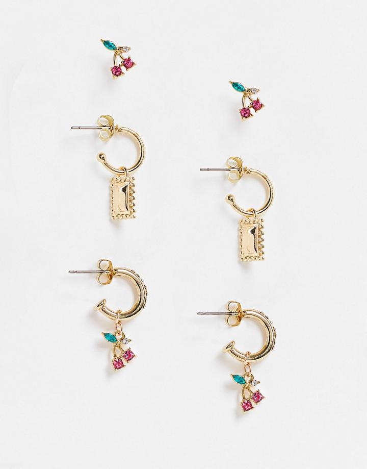 Pieces 3-pack Cherry Huggy And Stud Earrings In Gold