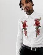 Asos Edition Skinny Sateen Shirt With Floral Embroidery - White