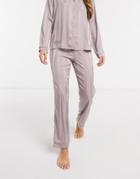 Loungeable Stripe Jacquard Satin Trouser In Mink-brown