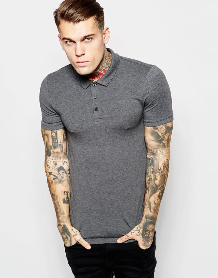 Asos Extreme Muscle Jersey Polo In Gray - Charcoal Marl