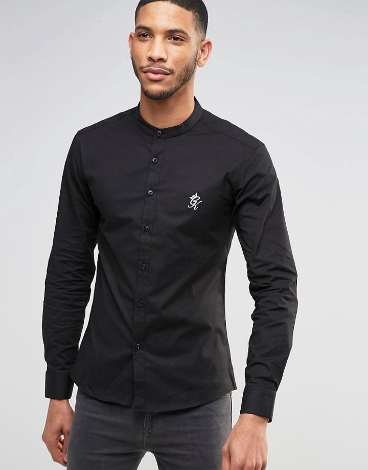 Gym King Noir Shirt With Grandad Collar In Regular Fit - Black