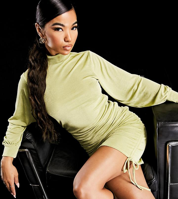 Asyou Slinky High Neck Ruched Dress In Green