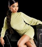 Asyou Slinky High Neck Ruched Dress In Green