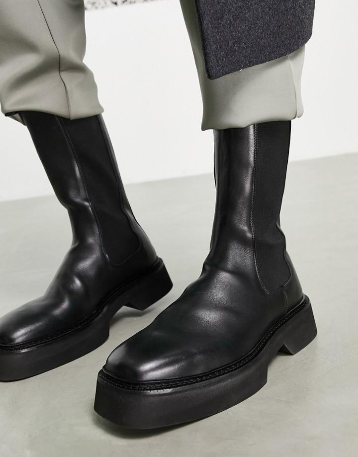 Asos Design High Chelsea Calf Boots In Black Leather On A Chunky Sole