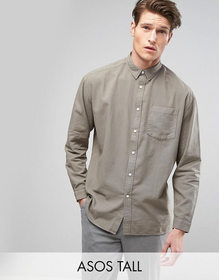 Asos Tall Oversized Casual Washed Oxford Shirt In Khaki - Green
