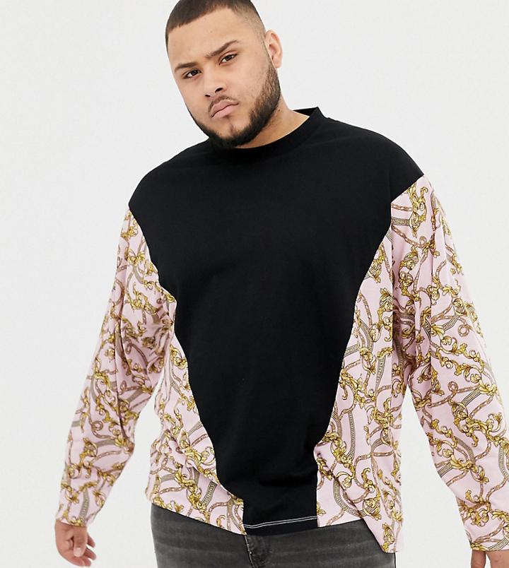 Asos Design Plus Oversized Long Sleeve T-shirt With Pink Chain Panels - Black