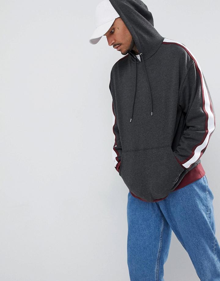 Asos Oversized Longline Hoodie With Sleeve Taping - Gray