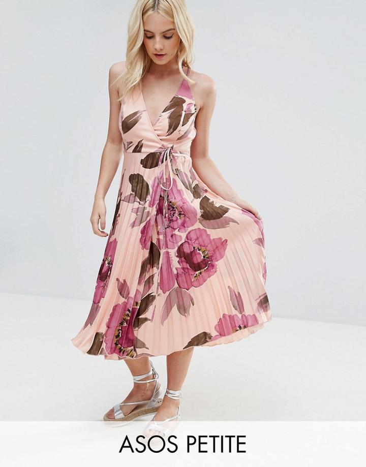 Asos Petite Floral Pleated Wrap Cami Midi Dress - Pink