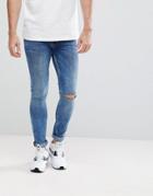 Asos Extreme Super Skinny Jeans In Mid Wash Vintage With Knee Rips - Blue