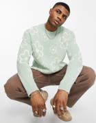 Asos Design Knitted Textured Rib Sweater With All Over Floral In Khaki-green