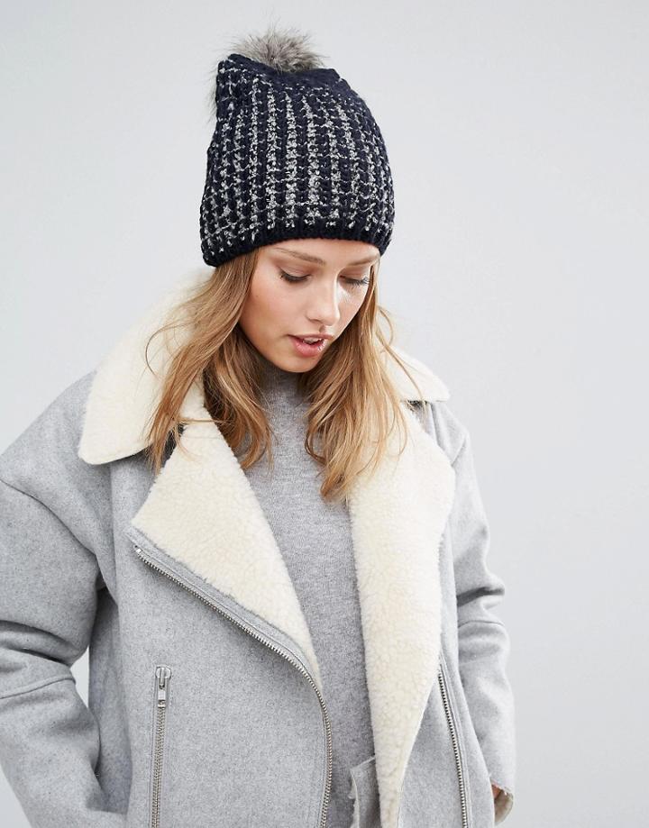 Alice Hannah Tuck Stitch Beanie With Fur Pom Pom - Navy