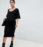 Asos Design Maternity Nursing Bodycon Midi Dress With Scallop Cape Detail - Blue