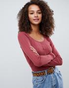 Asos Design Button Front Long Sleeve Top In Pointelle Rib-red