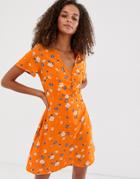 New Look Button Down Dress In Orange Print - Orange