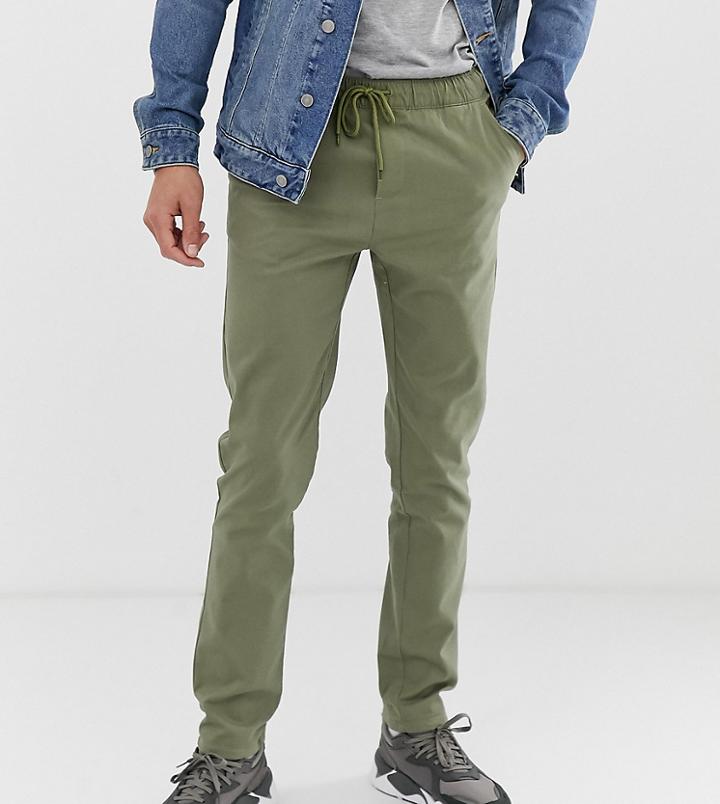 Asos Design Tall Slim Chinos With Elastic Waist In Light Khaki - Green