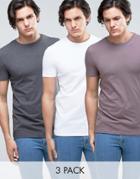 Asos 3 Pack Muscle Fit T-shirt In Charcoal Marl/white/purple Save - Multi