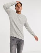 Asos Design Lambswool Cable Knit Crew Neck Sweater In Light Gray